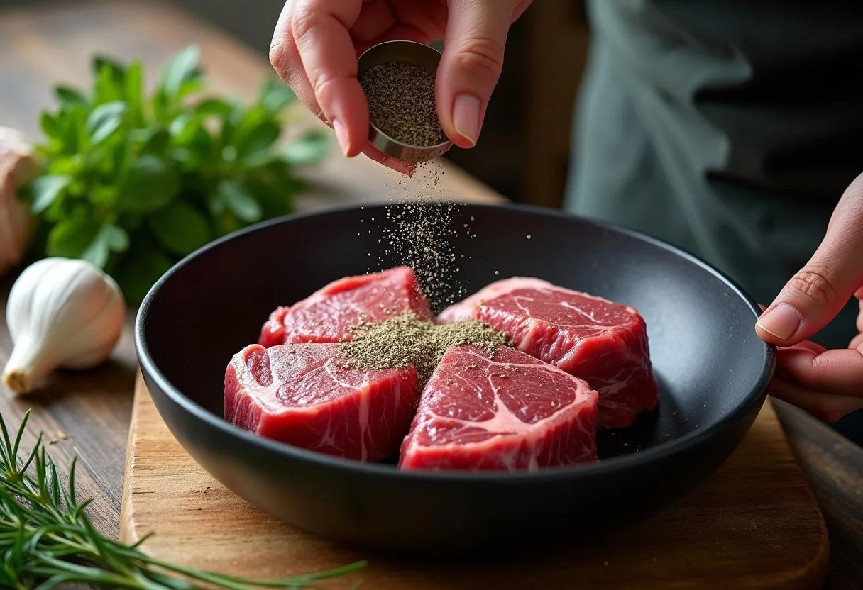Carrilleras de ternera sazonadas con sal y pimienta para un estofado delicioso.
