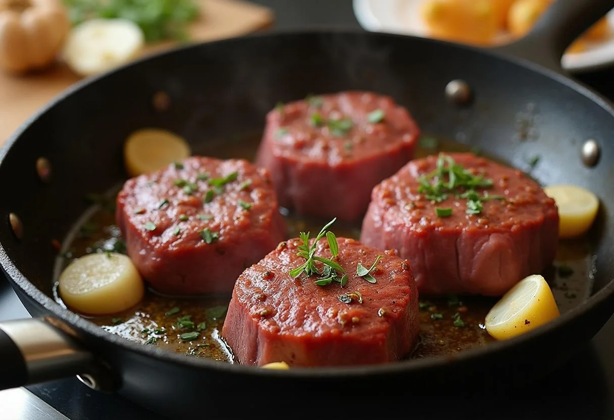 Carrilleras de ternera dorándose en una sartén, acompañadas de ajo y cebolla, para un estofado al vino tinto.