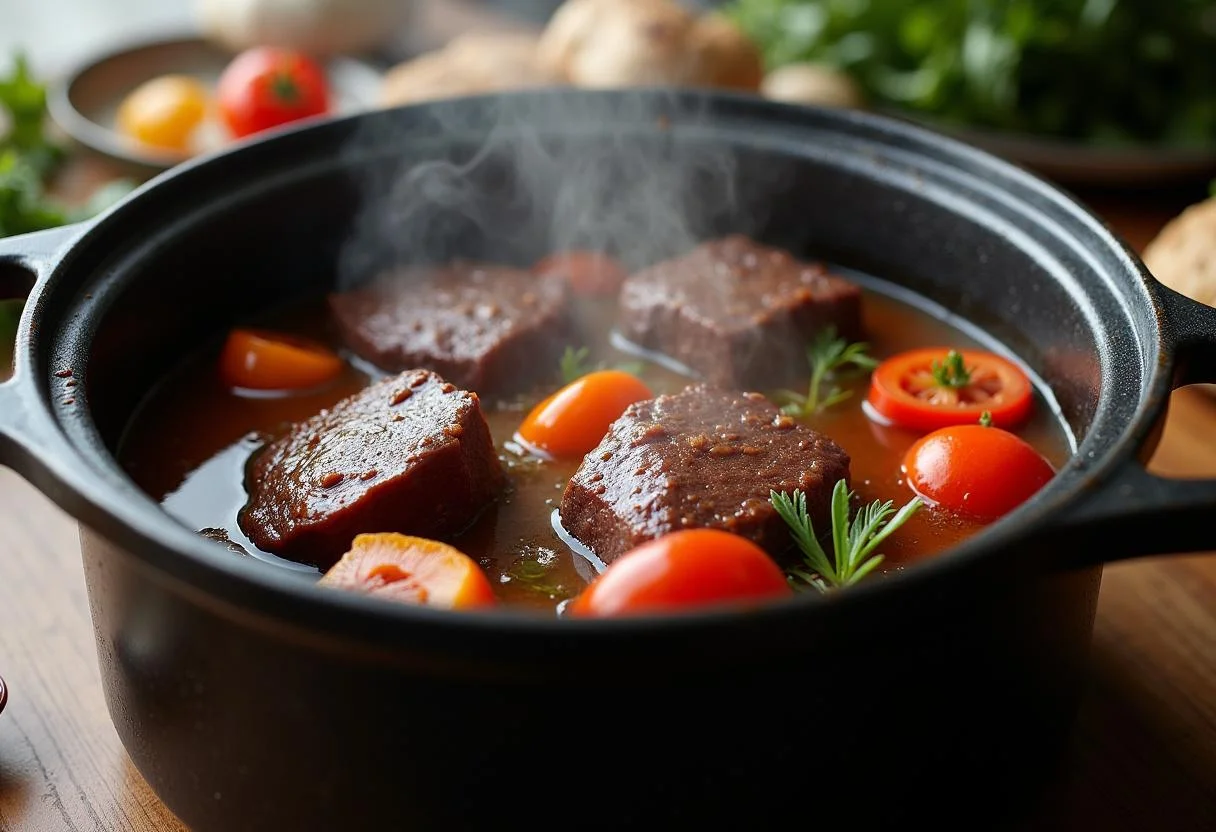 Carrilleras de ternera estofándose en vino tinto con verduras y hierbas para obtener un delicioso guiso.