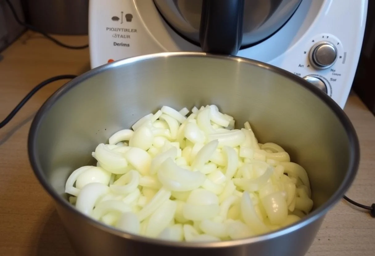 Cebollas en rodajas en un vaso de Thermomix para la preparación de cebolla caramelizada thermomix.