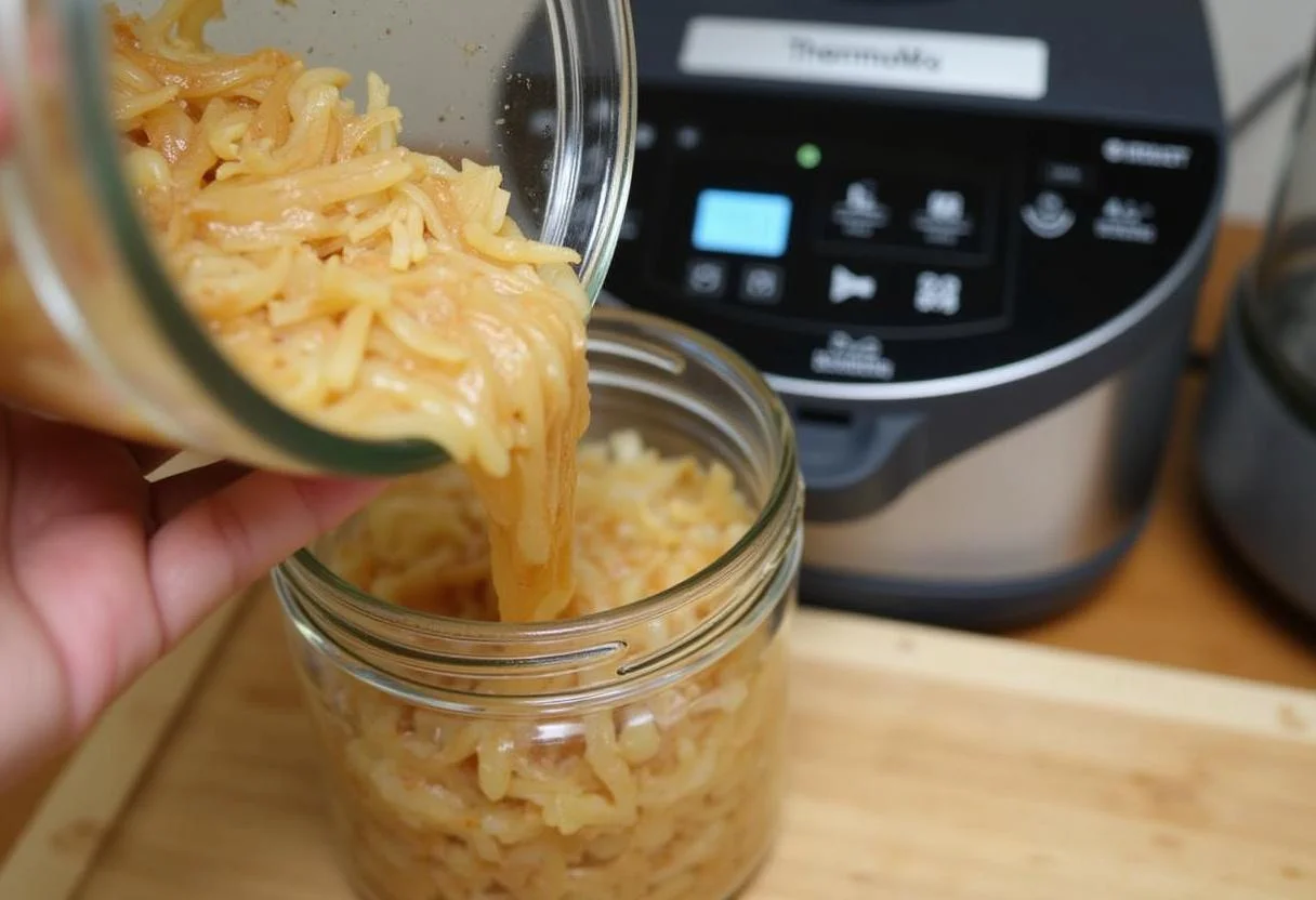 Viertiendo cebolla caramelizada de Thermomix en un frasco para su almacenamiento.