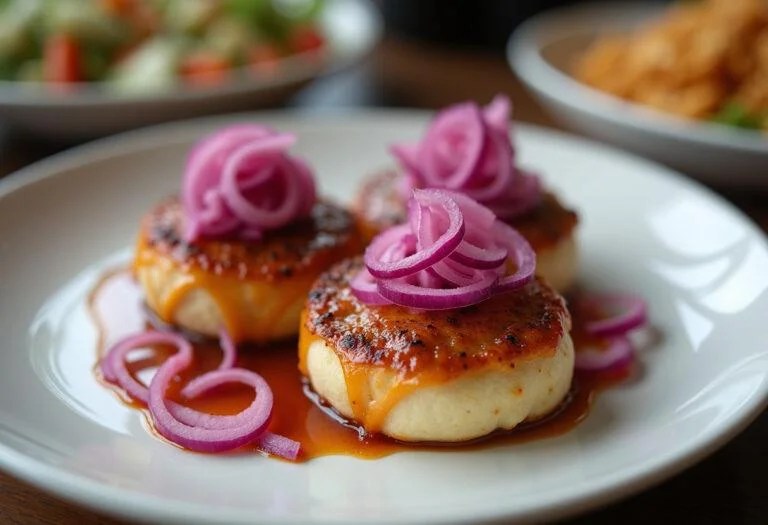 Finished dish with cebolla morada encurtida, enhancing the presentation of various meals.