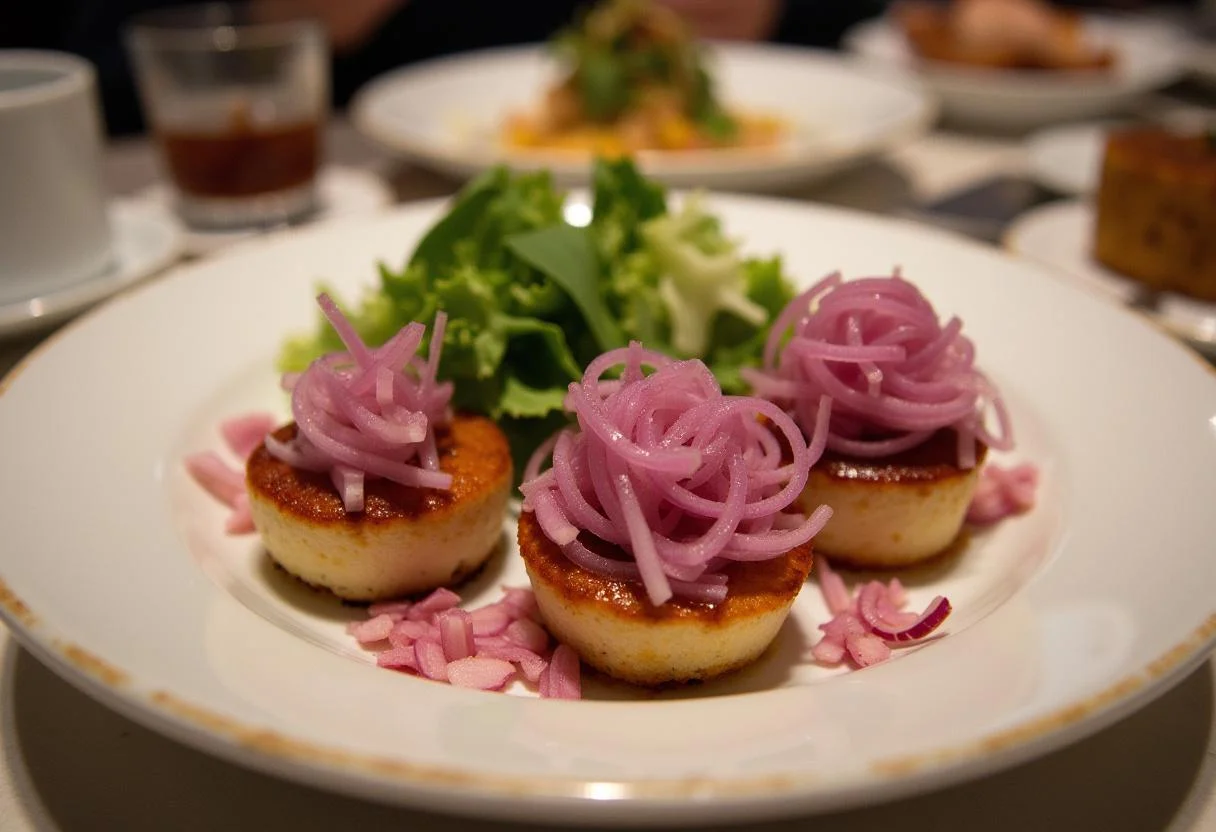 Plato terminado con cebolla morada encurtida, realzando la presentación de varios platos.