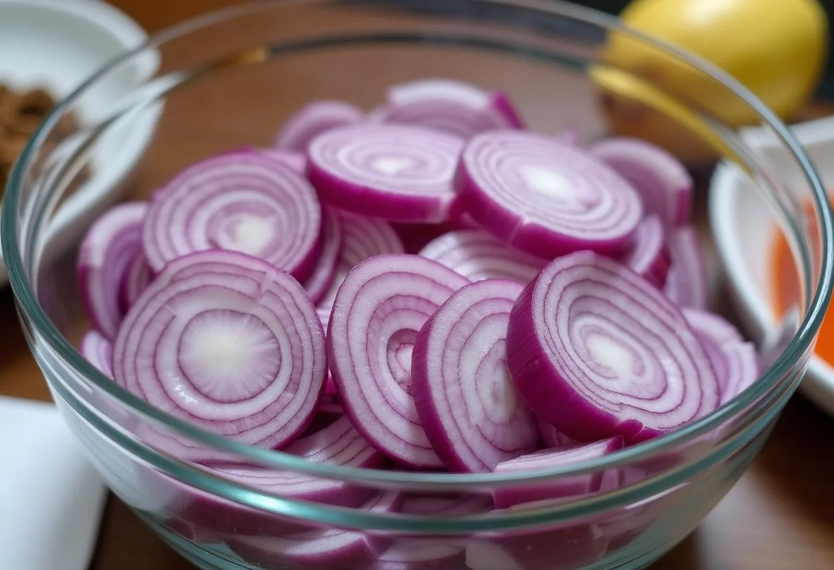 Cebolla morada en rodajas finas en un bol, el primer paso para encurtir cebolla morada.