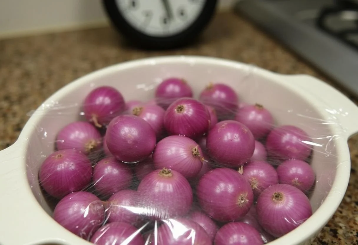 Bol de cebolla morada encurtiéndose, mostrando el paso de la marinada del proceso.