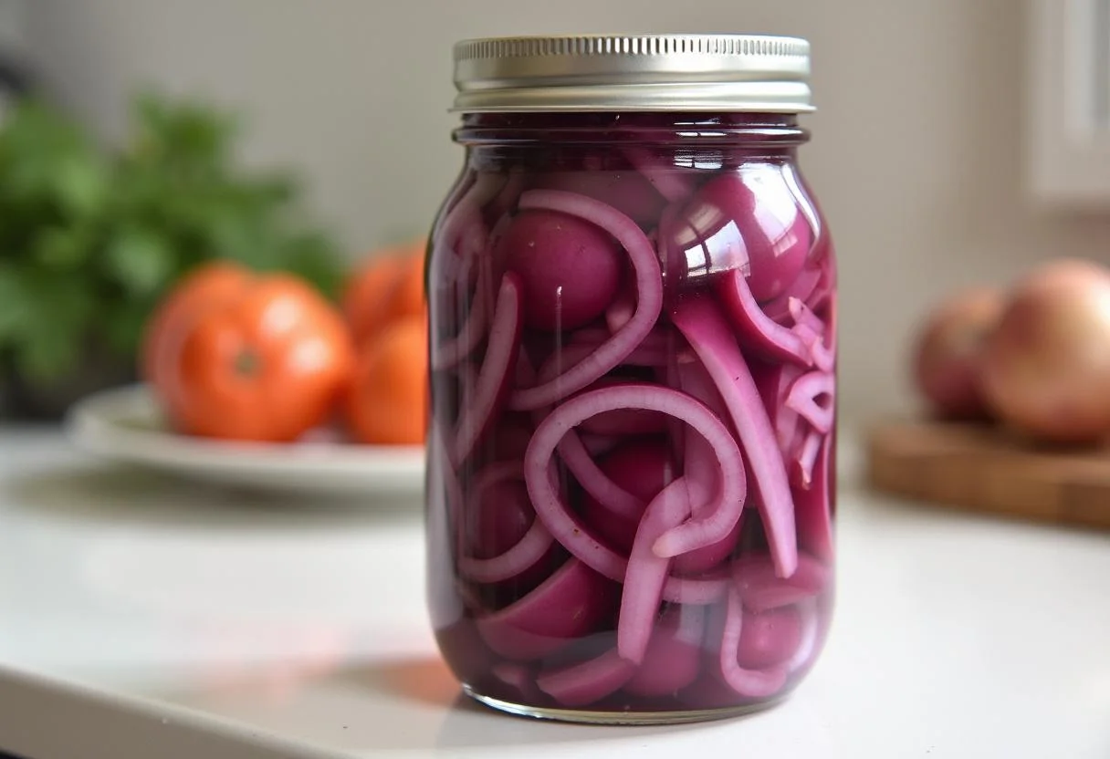 Frasco de cebolla morada encurtida listo para guardar, mostrando el paso final del encurtido.