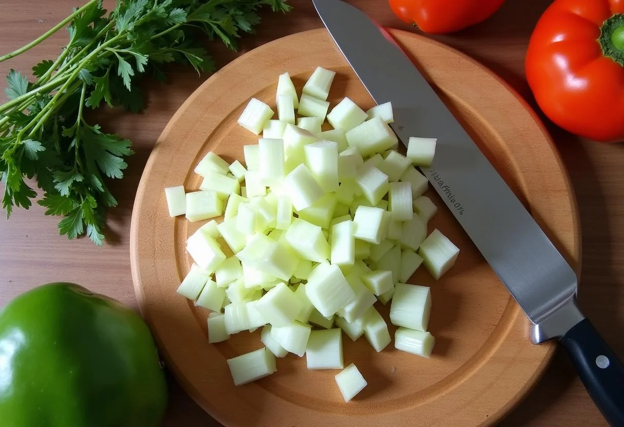 Cebolla tierna picada en una tabla de cortar, esencial para preparar un plato delicioso.