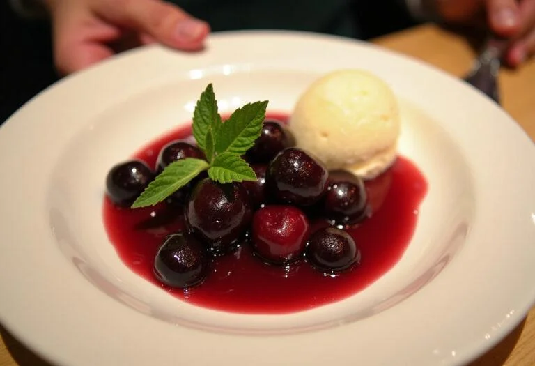 Postre elaborado con cerezas frescas y helado de vainilla, disfrutando de todos los beneficios de las cerezas.
