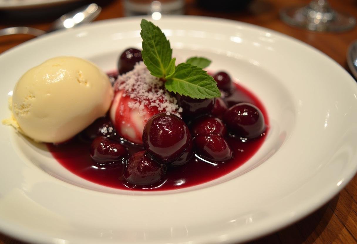 Postre elaborado con cerezas frescas y helado de vainilla, disfrutando de todos los beneficios de las cerezas.
