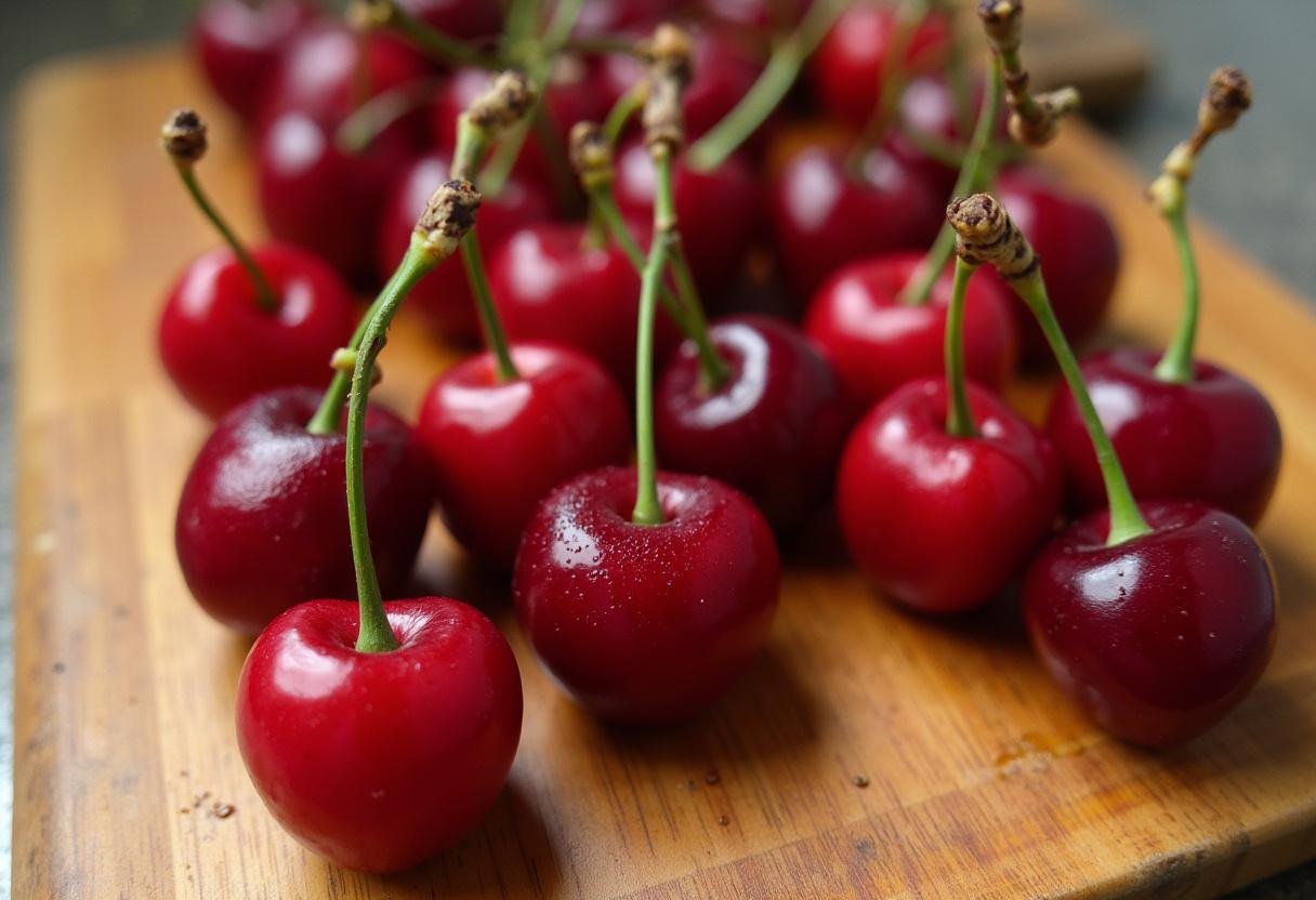 Cerezas frescas dispuestas artísticamente en una tabla de cortar, ideal para disfrutar de los beneficios de las cerezas.