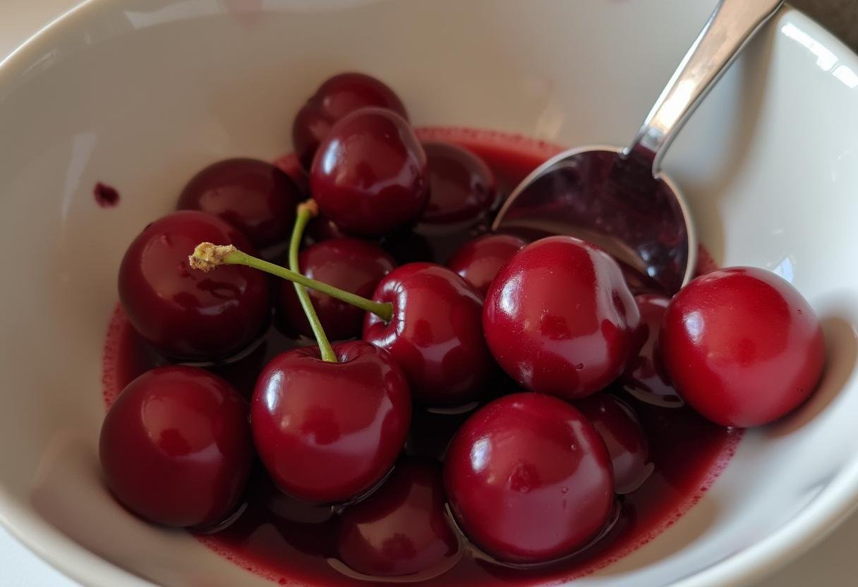 Cerezas sin hueso en un tazón, perfectas para una receta saludable, resaltando que las cerezas engordan.