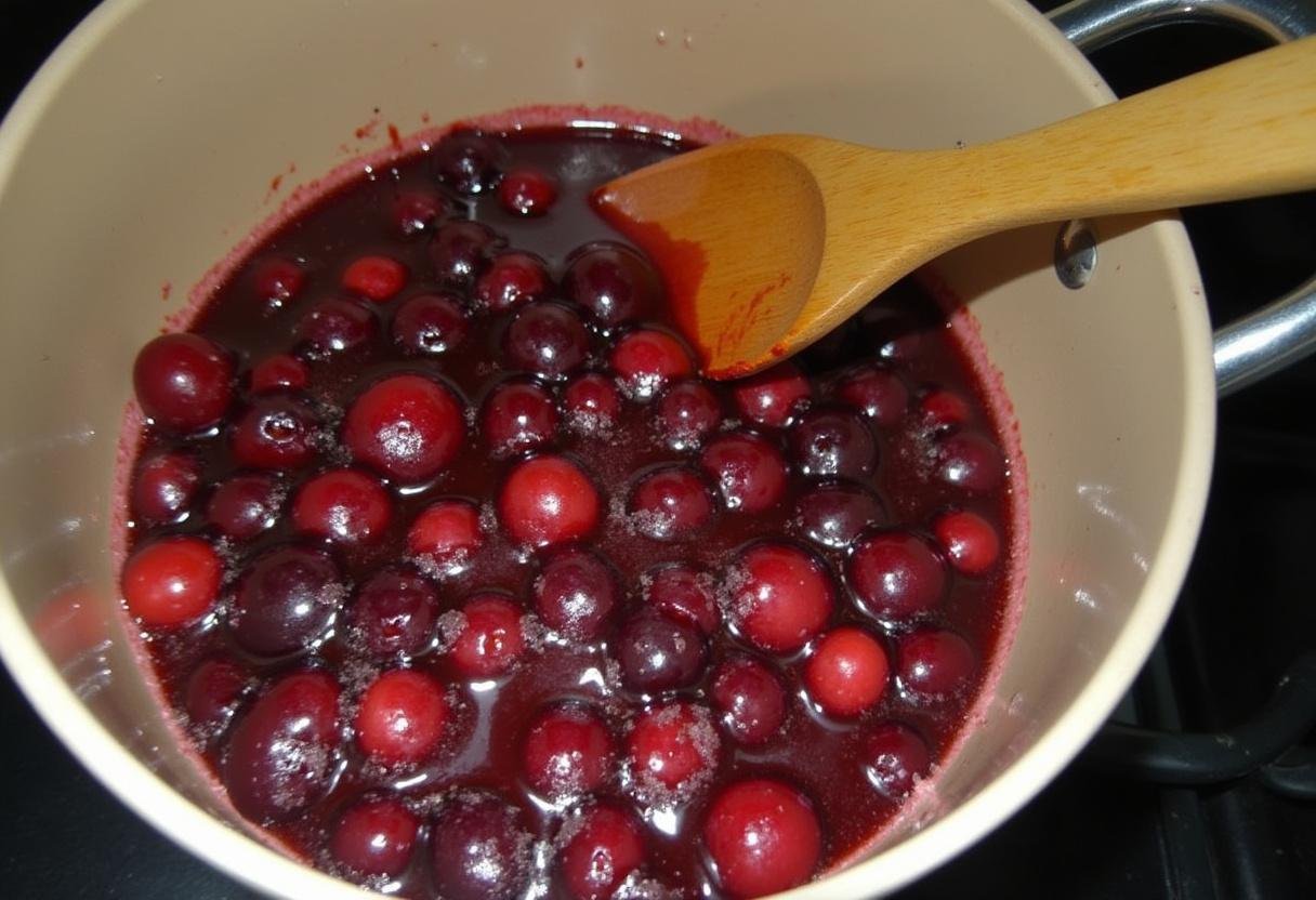 Sartén cocinando cerezas y azúcar, un paso crucial en la receta de cerezas frescas.