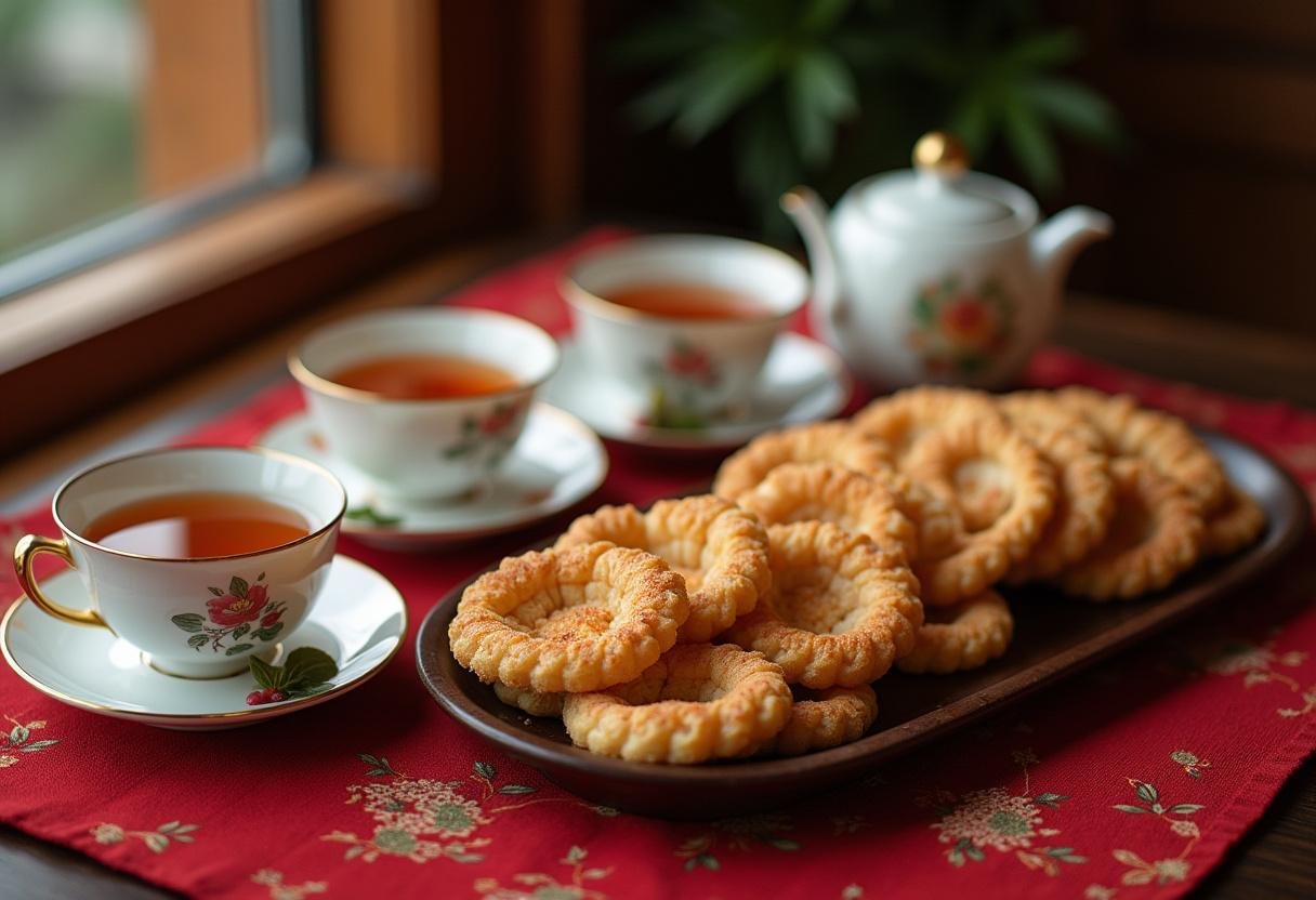 Servicio de té chino tradicional listo para disfrutar, con tazas delicadas y aperitivos.