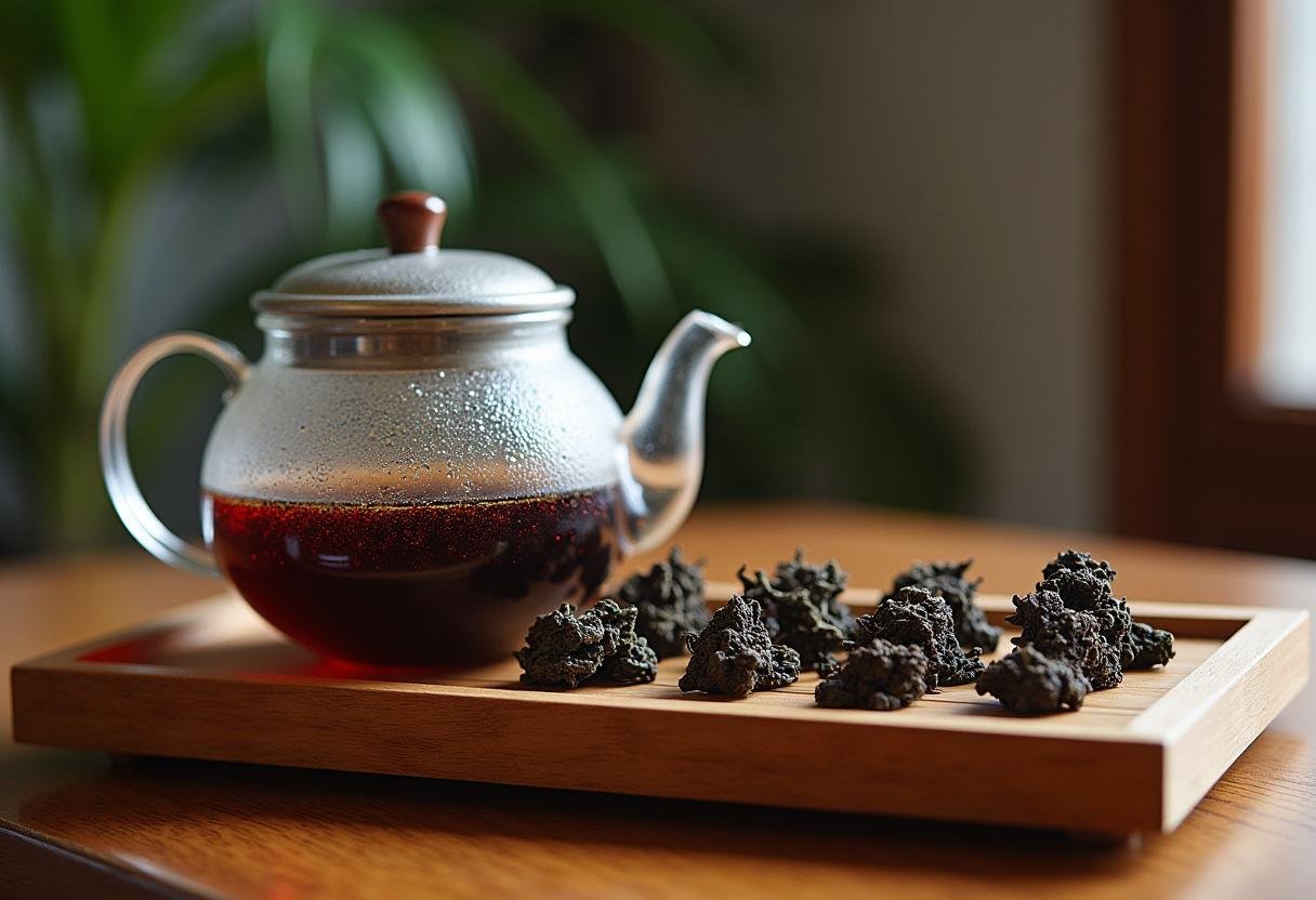 Preparación de China té tradicional con hojas de té en una bandeja de madera.