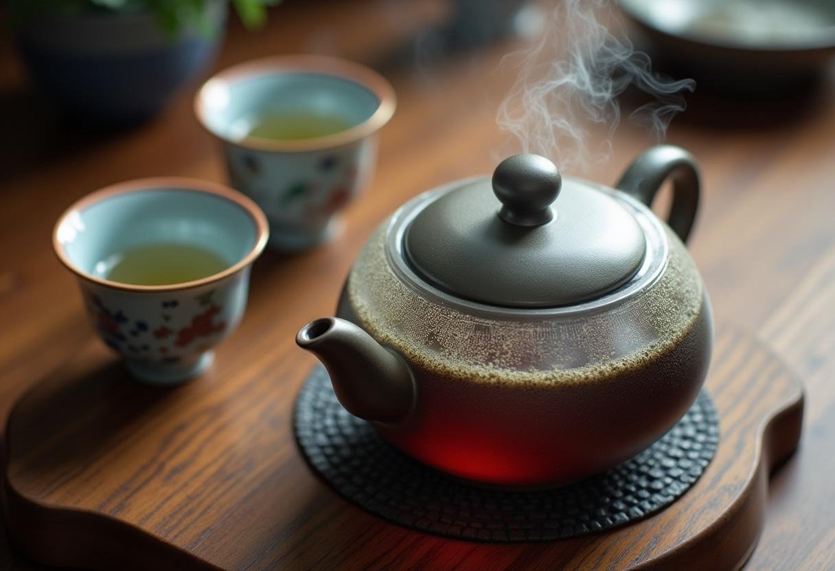 Hojas de té chino infusionando en una tetera para preparar té tradicional.