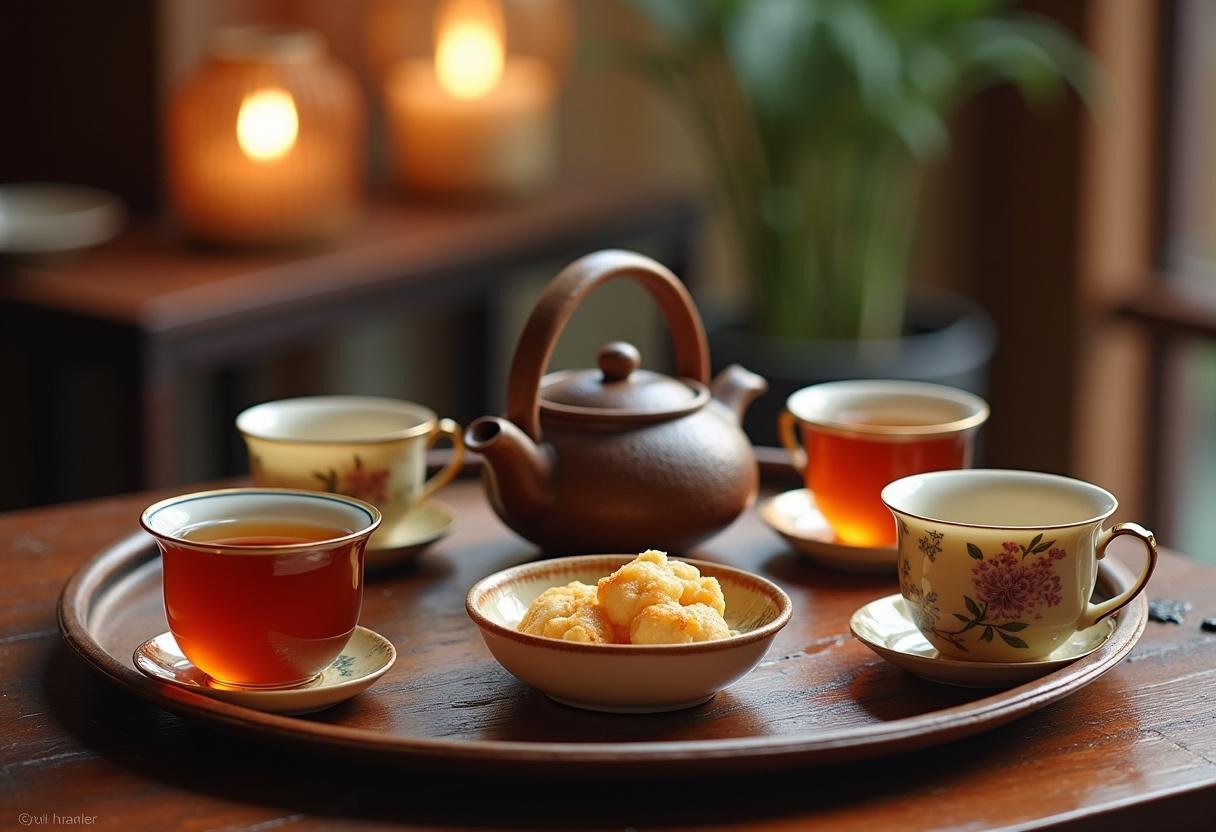 Mesa de té tradicional china con tazas y aperitivos preparados para la ocasión.
