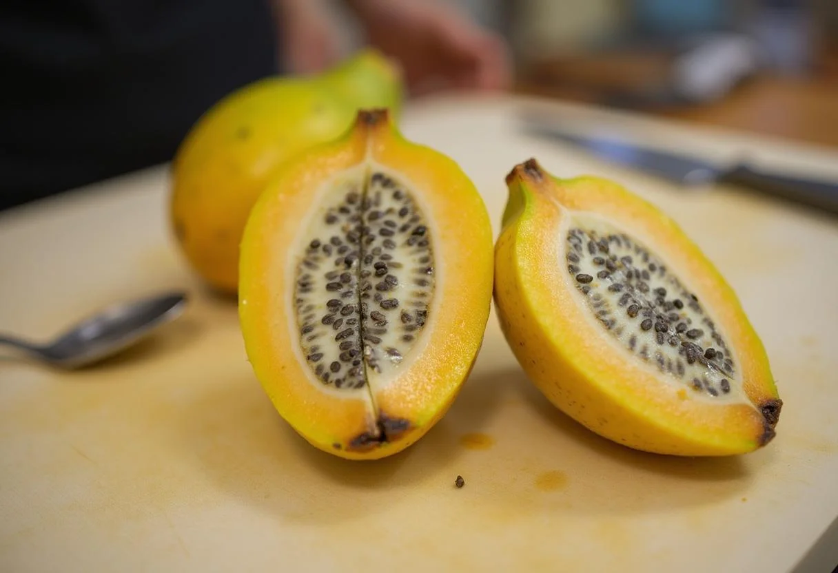 Cortando la chirimoya para preparar un delicioso postre de chirimoya arbol.