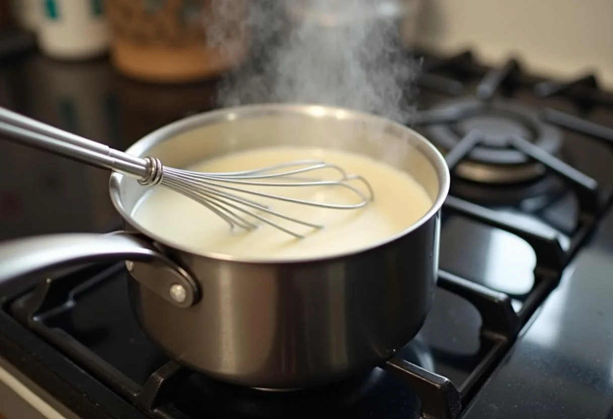 Heating cream in a saucepan for the Chocolate Belga recipe.