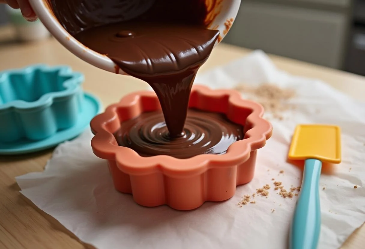 Chocolate mixture poured into mold for shaping Chocolate Belga Gourmet.