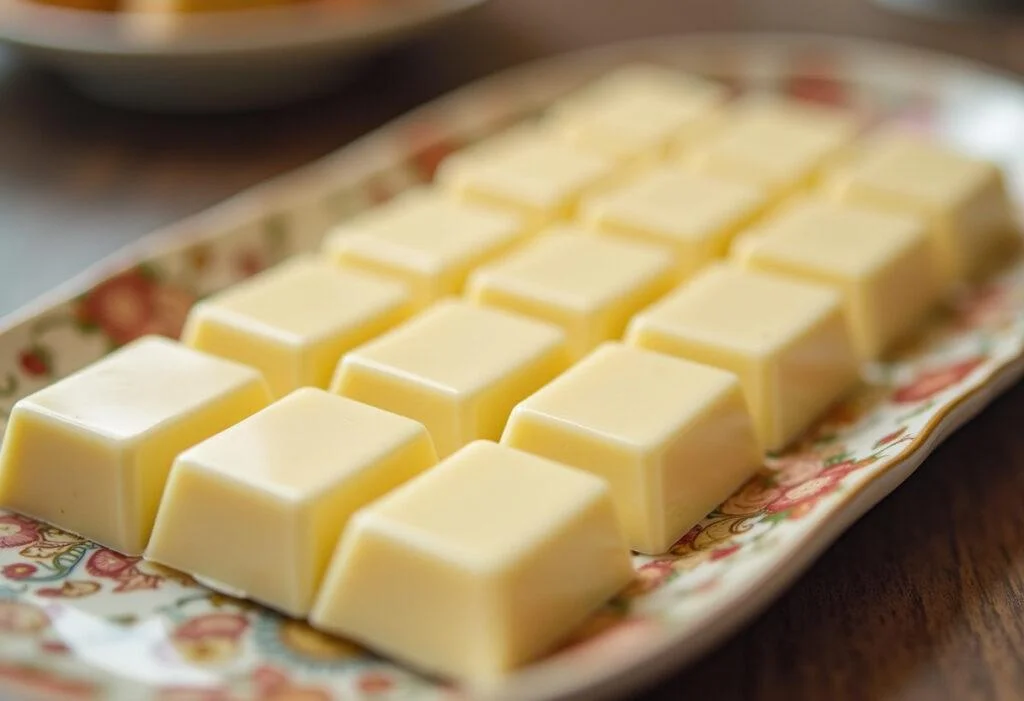 Barras de chocolate blanco sin azucar casero perfectamente presentadas, listas para disfrutar.