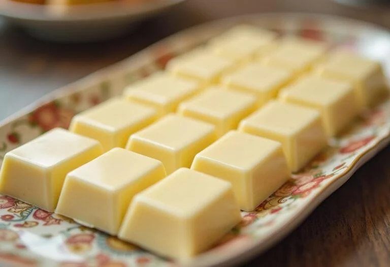 Barras de chocolate blanco sin azucar casero perfectamente presentadas, listas para disfrutar.