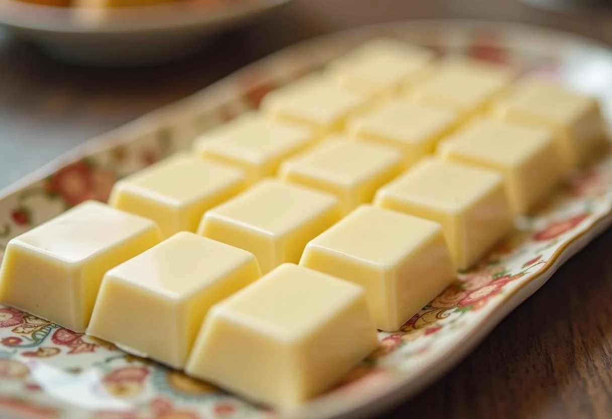 Barras de chocolate blanco sin azucar casero perfectamente presentadas, listas para disfrutar.