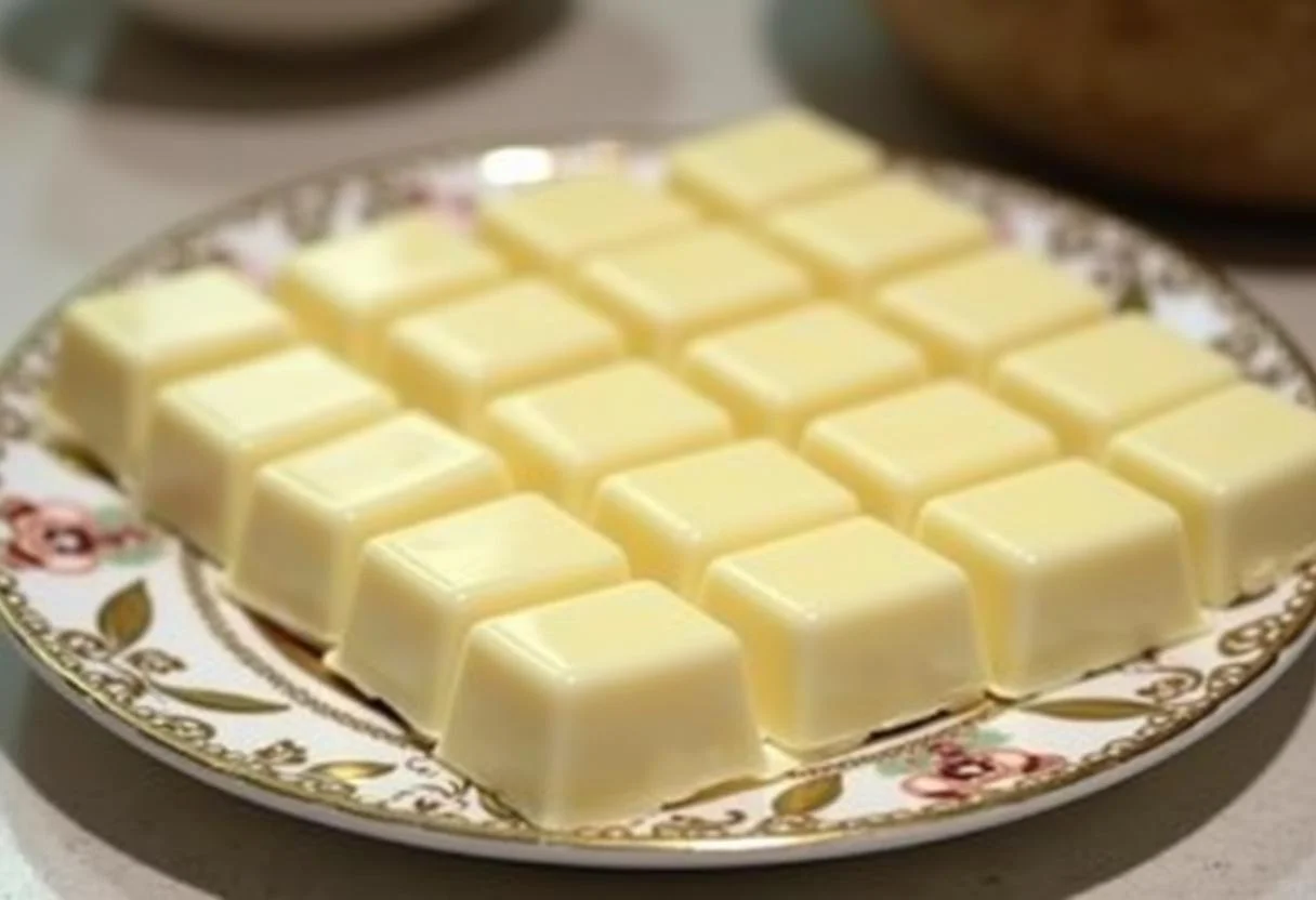 Barras de chocolate blanco sin azucar casero perfectamente presentadas, listas para disfrutar.