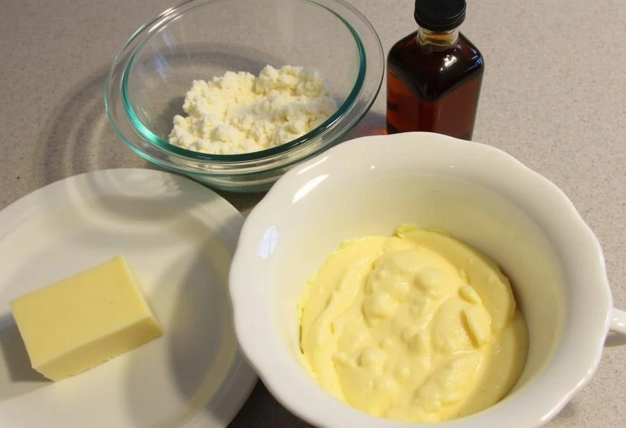 Ingredientes para hacer chocolate blanco sin azucar casero, incluyendo manteca de cacao y extracto de vainilla.