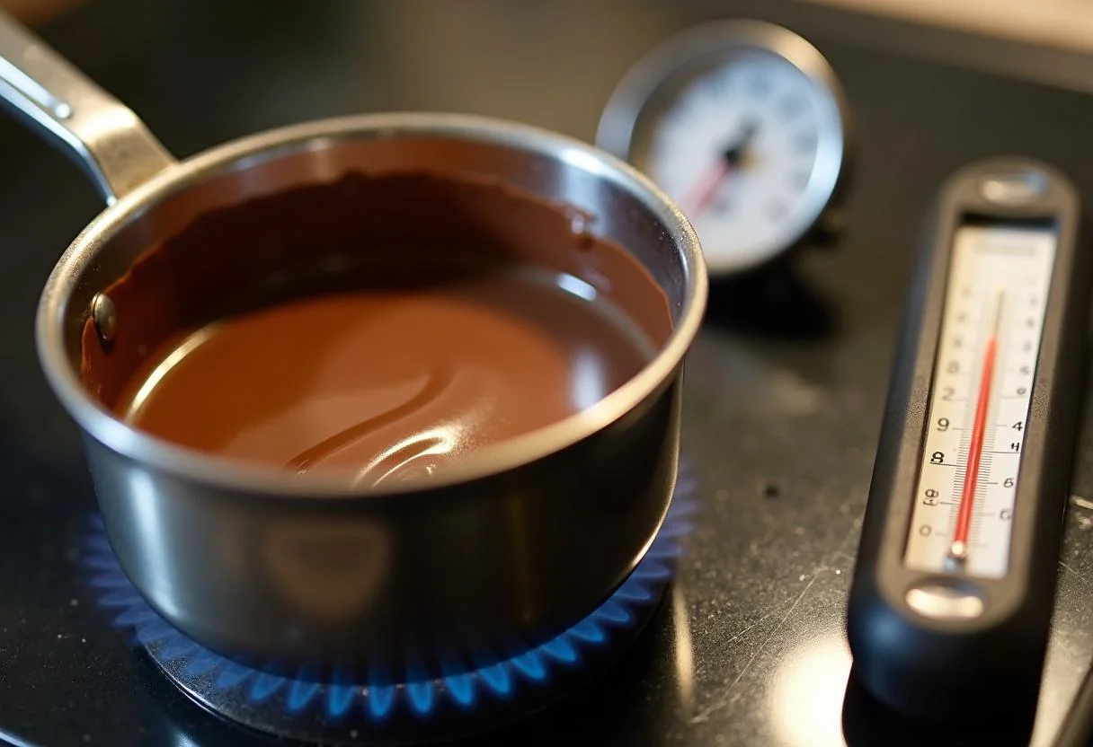 Manteca de cacao derritiéndose en la cocina para hacer chocolate blanco sin azucar.