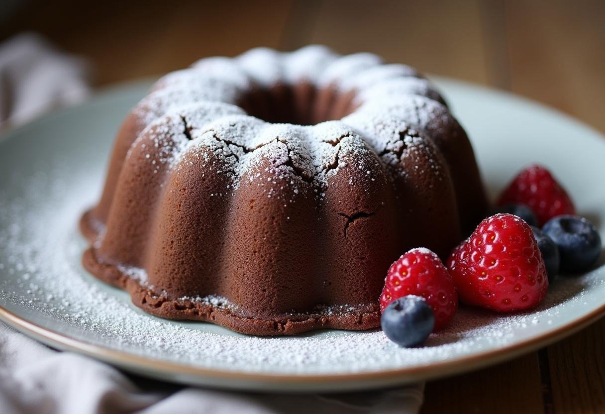 Homemade chocolate fondant served with berries, a delicious dessert for any occasion.