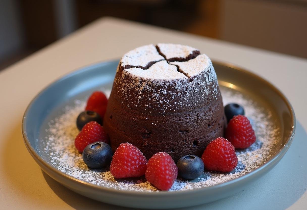 Homemade chocolate fondant served with berries, a delicious dessert for any occasion.