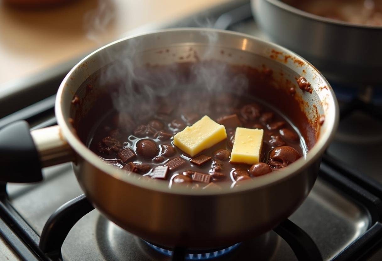 Chocolate pieces and butter melting together for homemade chocolate fondant.