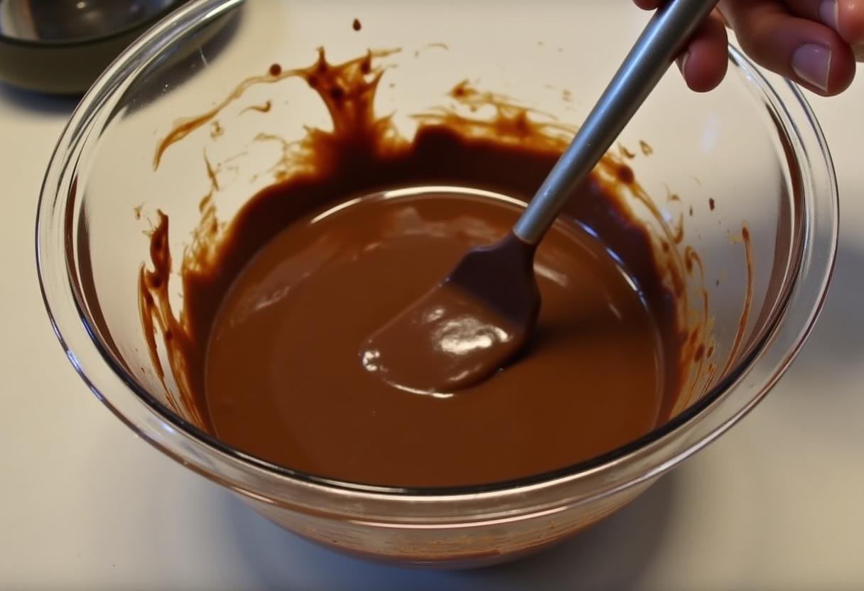 Stirring melted chocolate mixture for preparing fondant de chocolate at home.