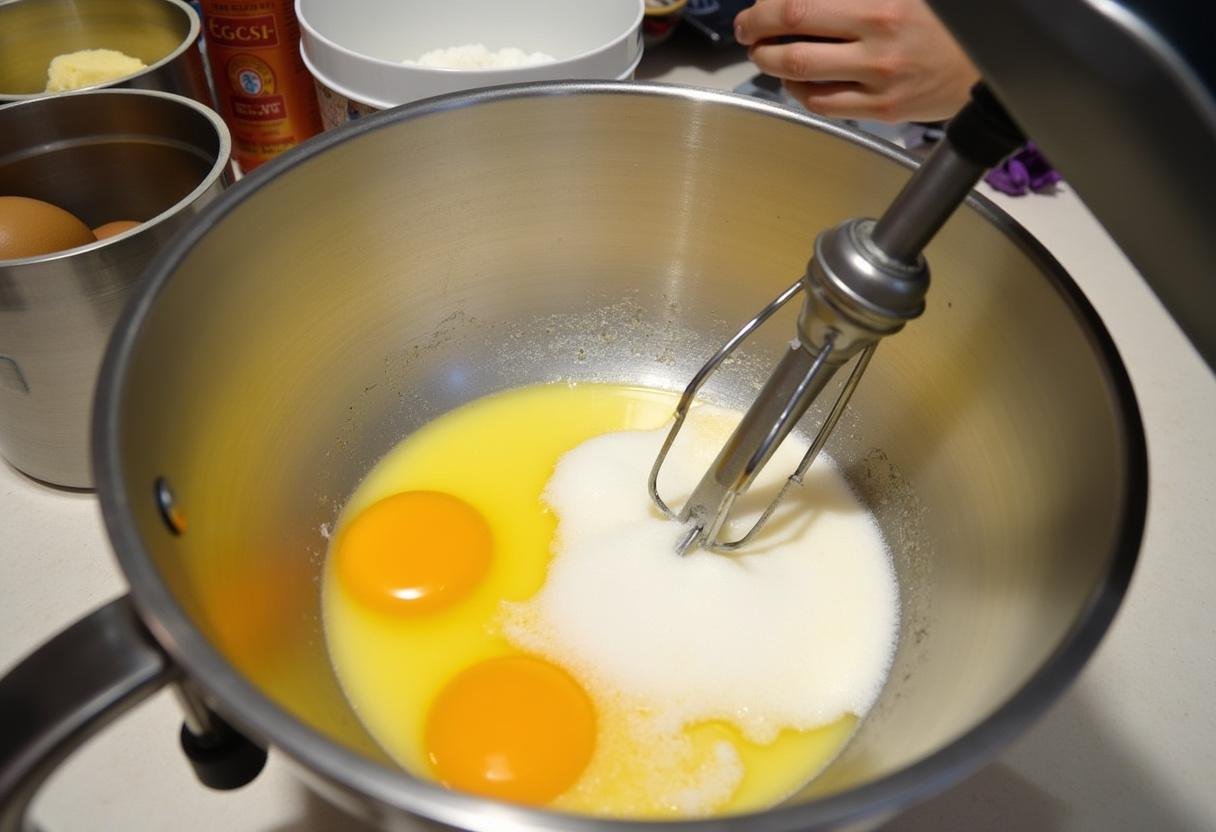 Whisking eggs and sugar to prepare chocolate fondant batter for a delicious dessert.