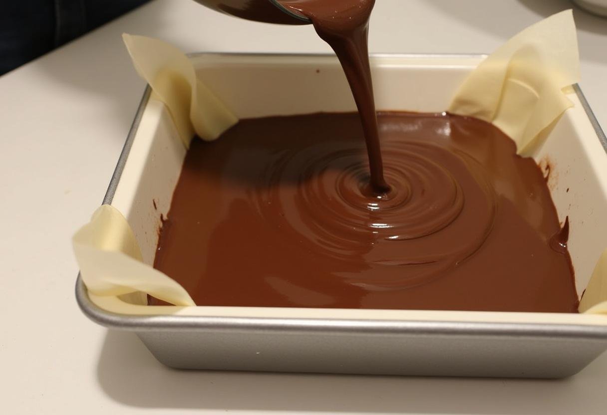 Pouring chocolate batter into a baking dish for making chocolate fondant.