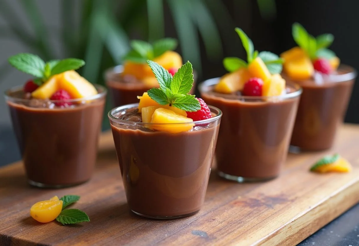 Presentación final de las copas de postre de Chocolate Jungly Salvaje, repletas de sabores tropicales.
