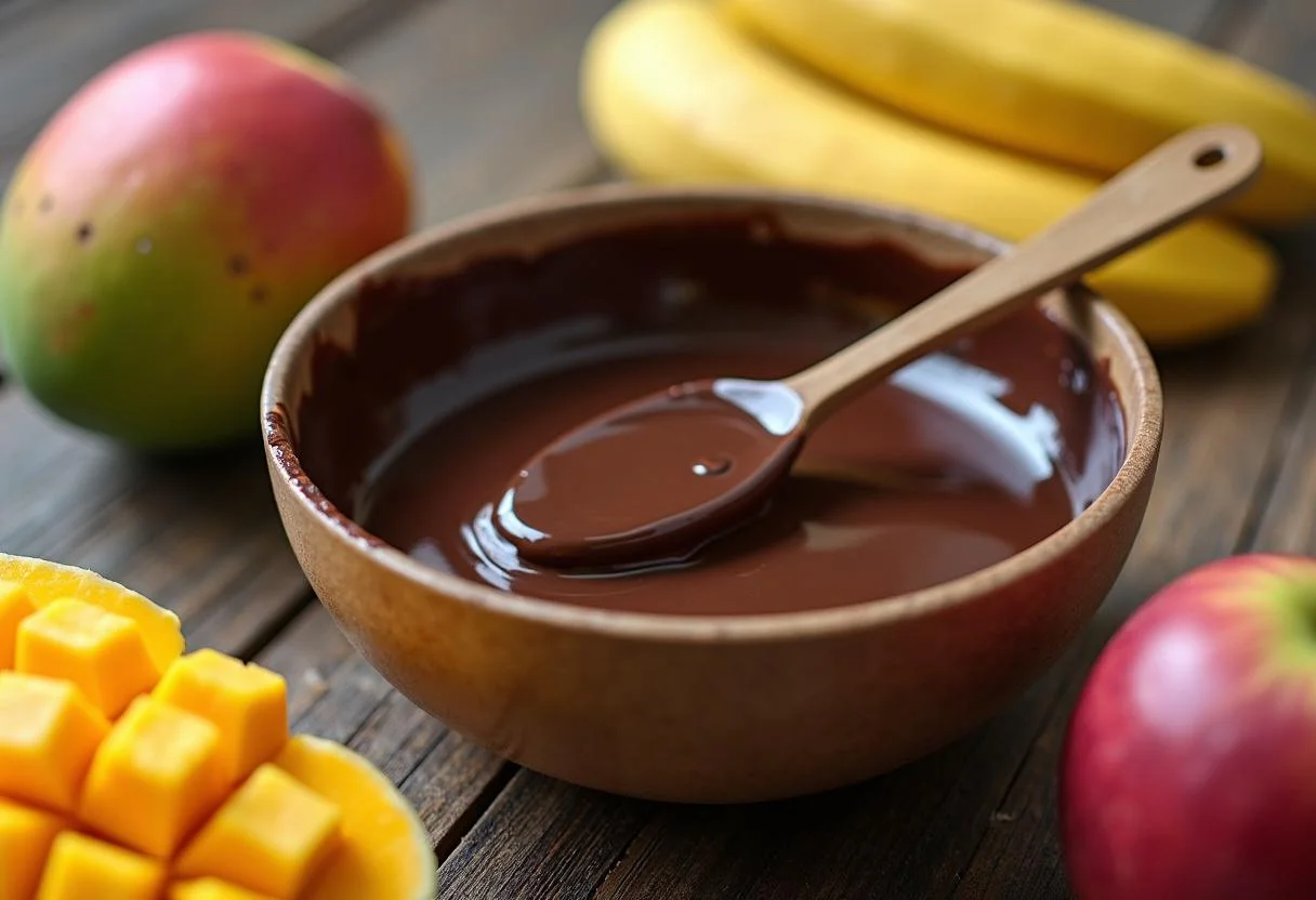 Chocolate negro derretido para Chocolate Jungly Salvaje con frutas tropicales frescas cerca.