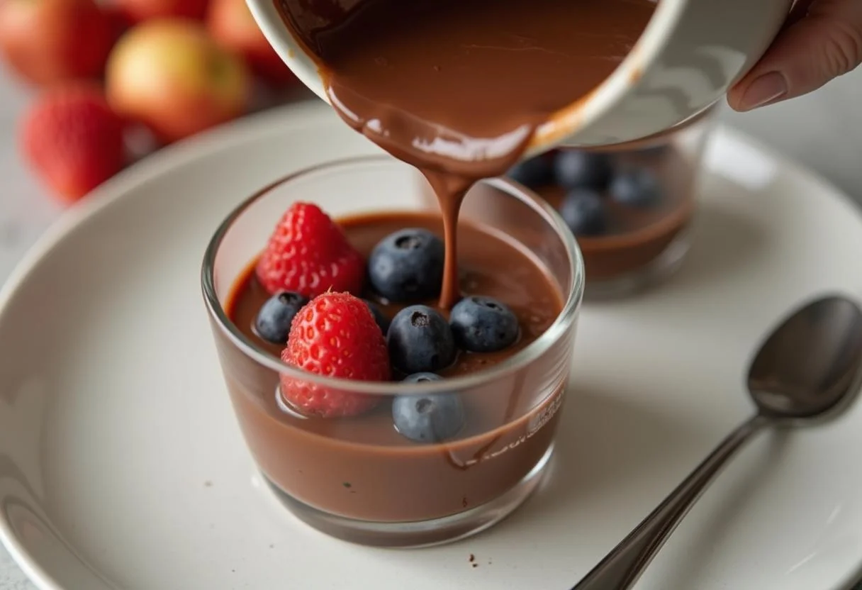 Vertiendo la mezcla de chocolate y frutas en copas de postre para el Chocolate Jungly Salvaje.
