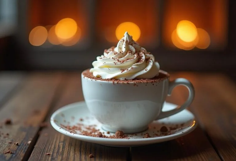 Delicious chocolate suizo served with whipped cream and chocolate shavings, perfect for warming up.