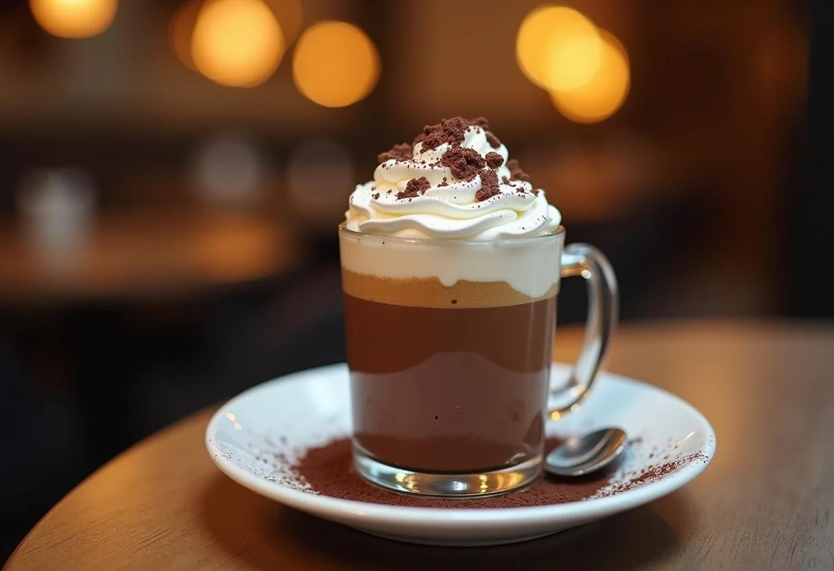 Delicious chocolate suizo served with whipped cream and chocolate shavings, perfect for warming up.