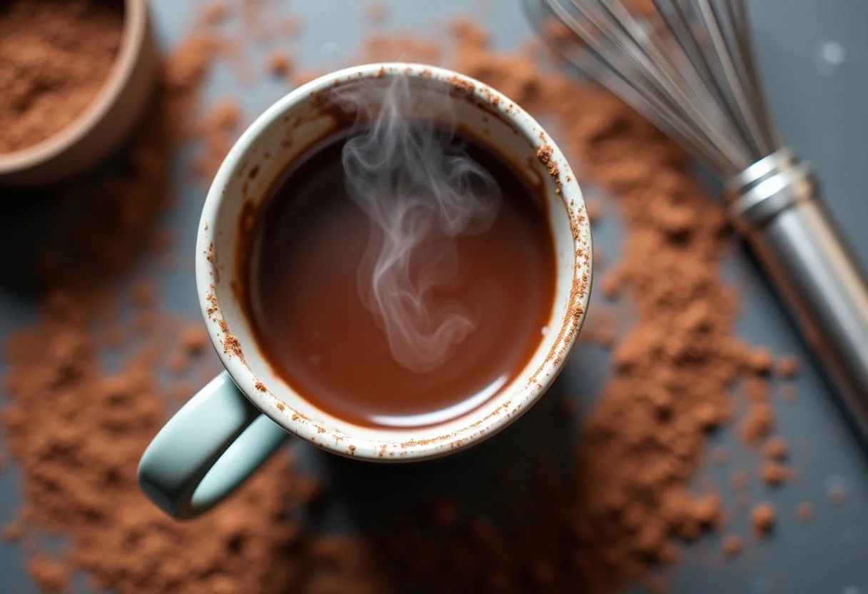 Preparing chocolate suizo with warm chocolate mixture in a cup.
