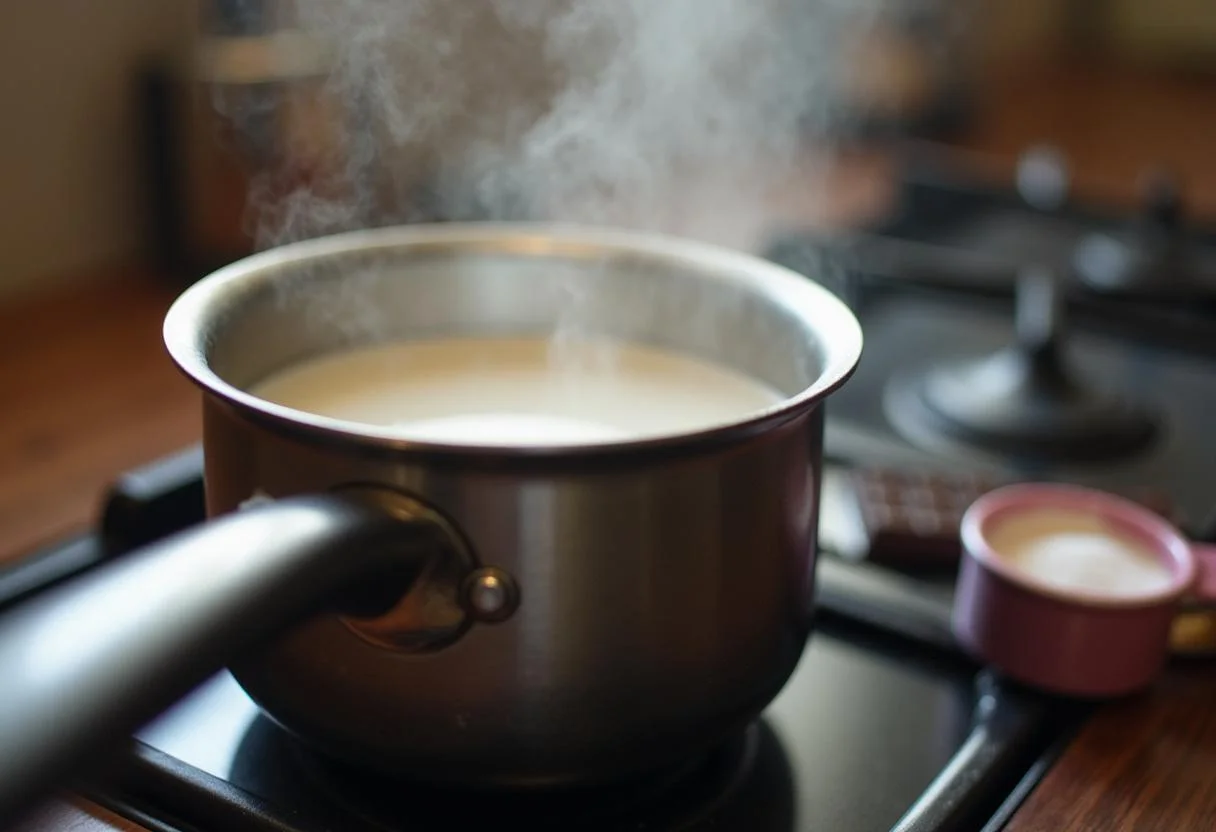 Heating milk for chocolate suizo in a saucepan on the stove.
