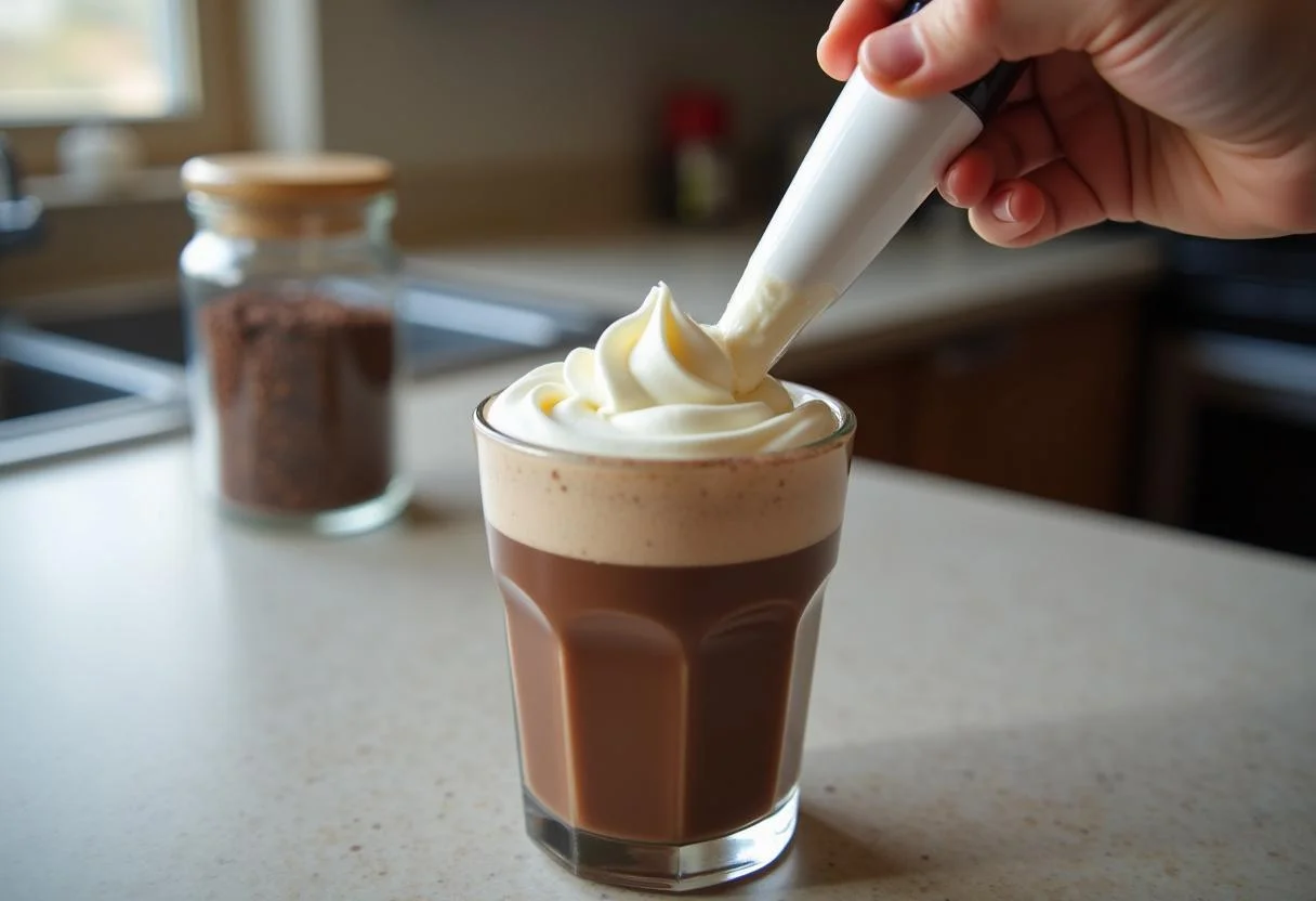 Adding whipped cream to chocolate suizo for a creamy finish.