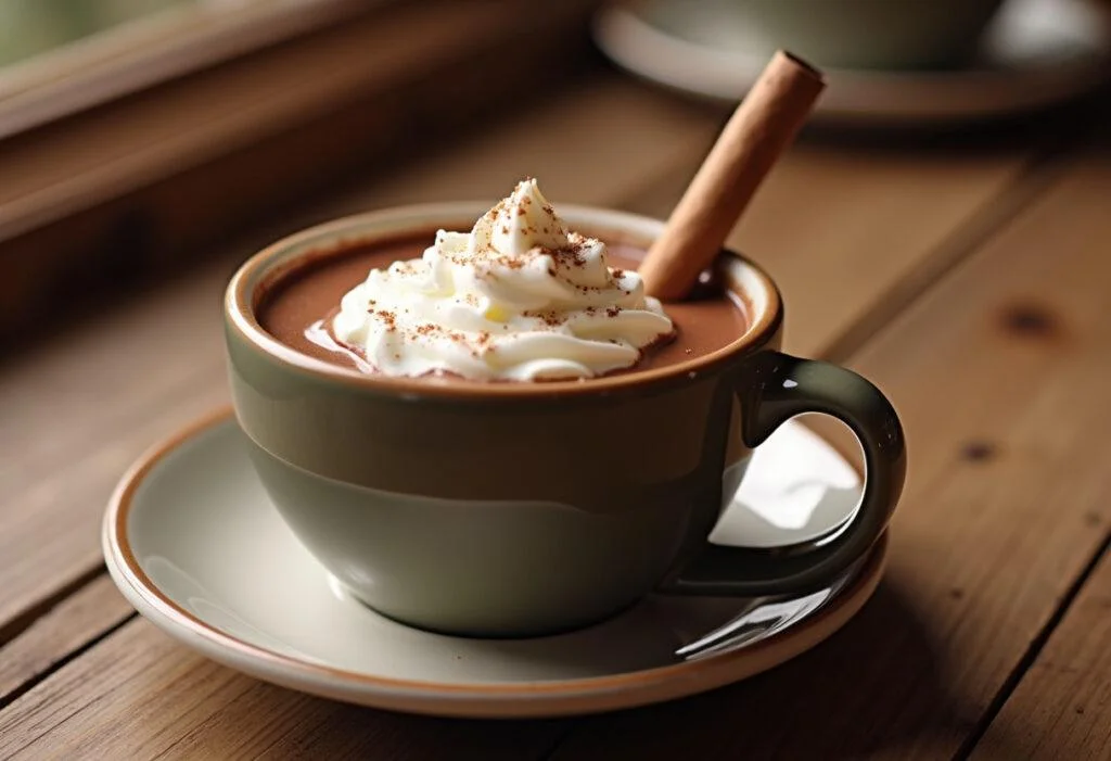 Taza de chocolate a la taza casero con crema batida y canela, ideal para disfrutar.