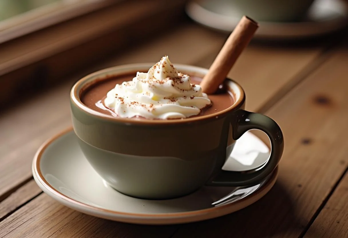 Taza de chocolate a la taza casero con crema batida y canela, ideal para disfrutar.