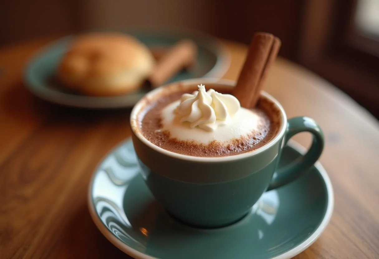 Taza de chocolate a la taza casero con crema batida y canela, ideal para disfrutar.