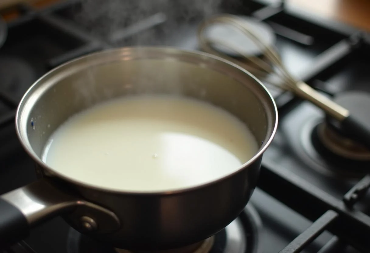 Leche calentándose en una cacerola para como hacer chocolate a la taza.