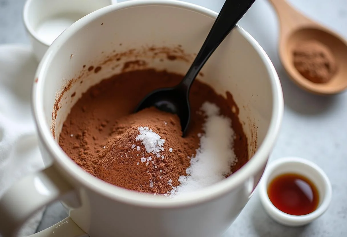 Mezcla de cacao en polvo y azúcar en un bol para como hacer chocolate a la taza.