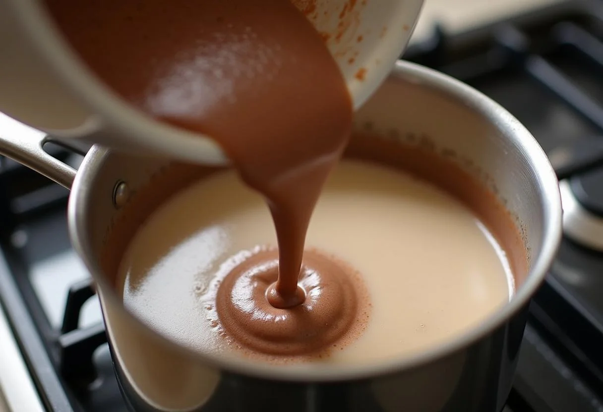 Mezcla de chocolate vertiéndose en la leche caliente para como hacer chocolate a la taza.
