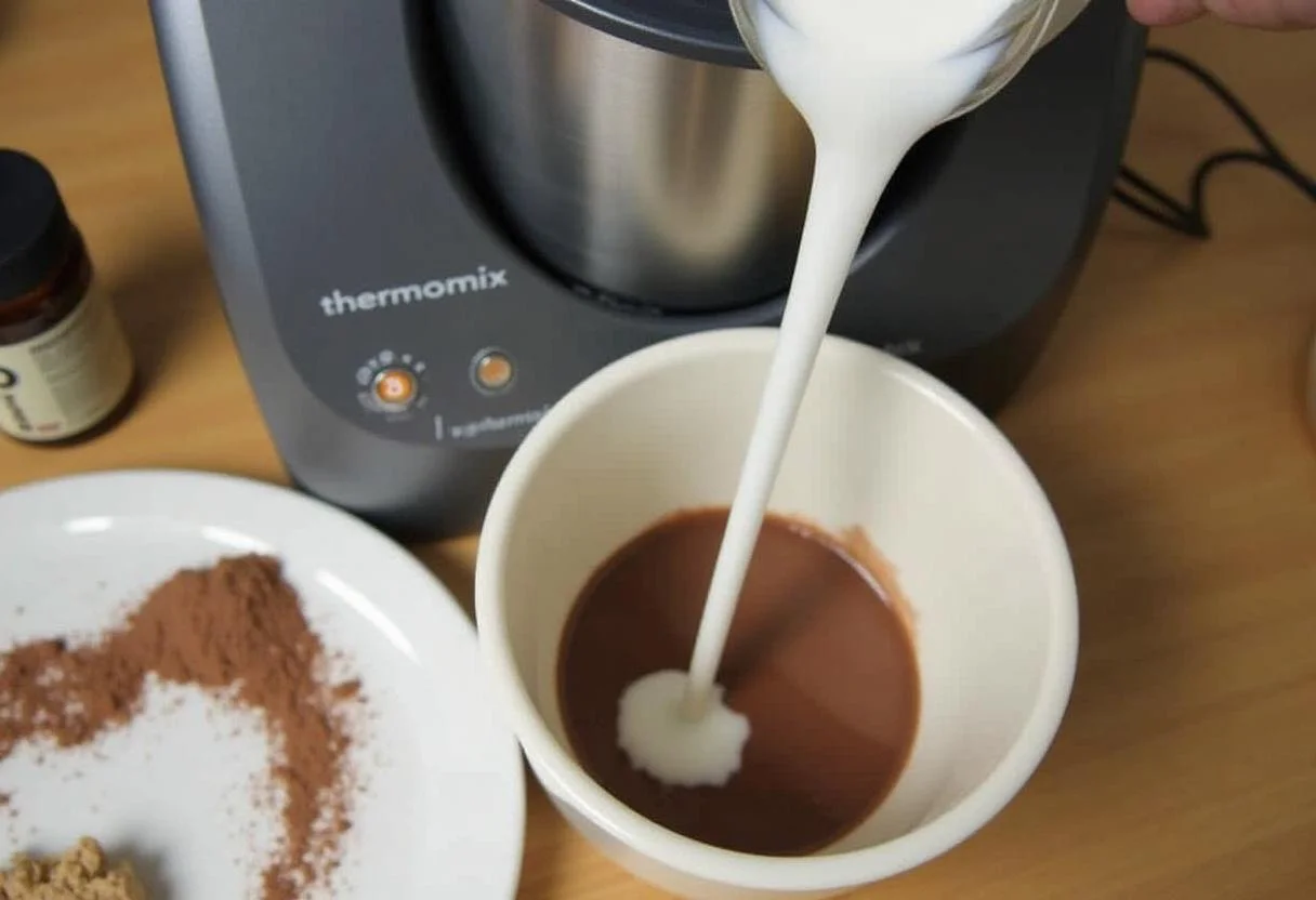 Milk being poured into a Thermomix for chocolate a la taza thermomix preparation.